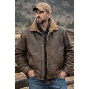 Genuine Leather Sherpa Lined Bomber Jacket Brown Rancher Shearling Coat Sz 3XL
